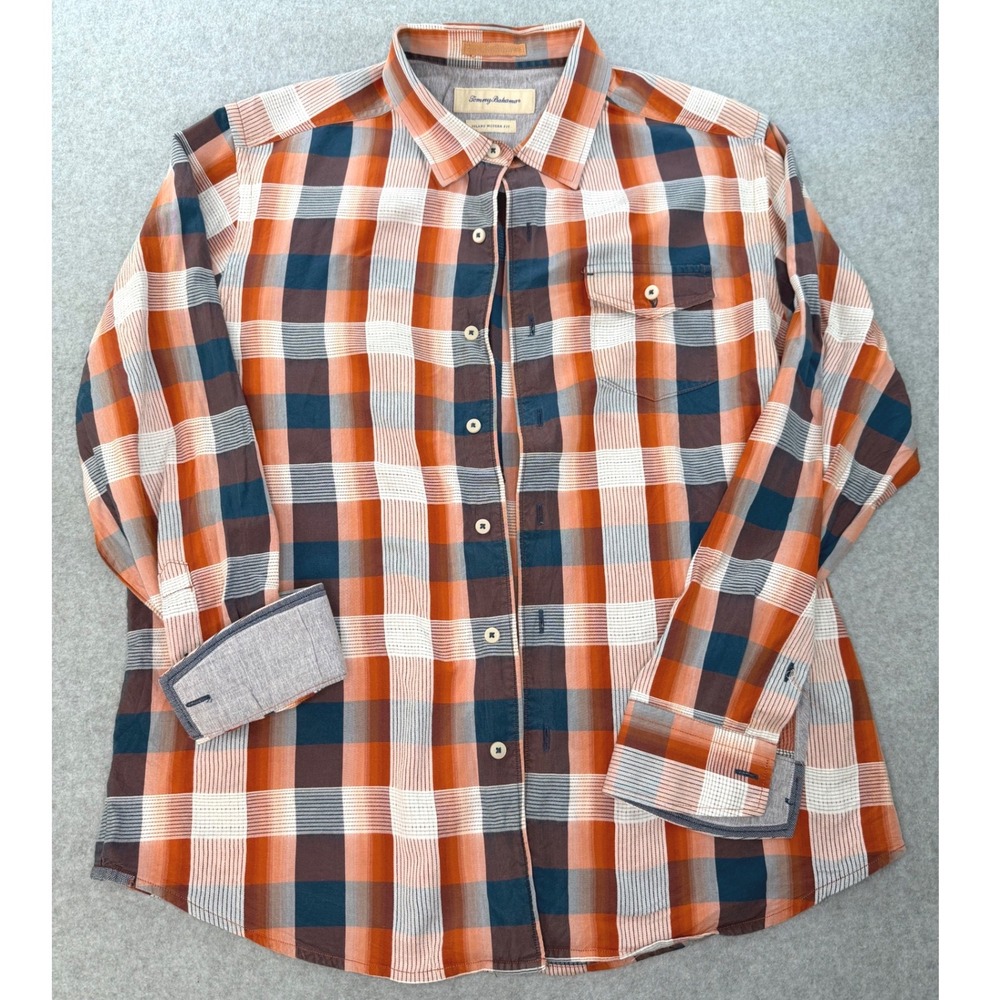 Tommy Bahama Mens Plaid Button Down Shirt Orange Blue Silk‎ Blend Large T37816